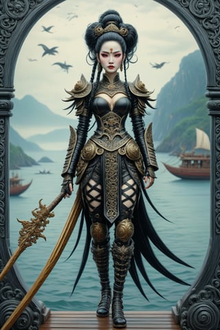 full body shot long shot of Lady Triệu, a vietnamese woman warrior. a fusion of elaborate rococo, ancient vietnam, vietnamese gothic punk. she has black hair in elaborate braids and buns. she has round large big copper eyes. she is vietnamese. she wears an elaborate ancient vietnamese female warrior outfit. she stands on the deck of her ship holding a spear watching an orca swimming in the ocean. perfect female anatomy, goth person, pastel goth, dal, Gaelic Pattern Style, full body shot, long shot, Triệu Thị Trinh