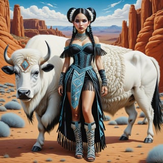 (((full body shot, wide shot))) dynamic pose, a beautiful stunning native american indian woman 1girl with a white bison calf. her outfit is a fusion of elaborate native american rococo, high fashion gothic outfit in luxurious fabrics, rich colors. suede leather moccasins. the woman has large, round eyes. jet black hair in elaborate braids and buns with fringe and bangs. background of cliff dwellings in the american southwest. perfect female anatomy. goth person, pastel goth, dal, Gaelic Pattern Style, (((wide shot)))