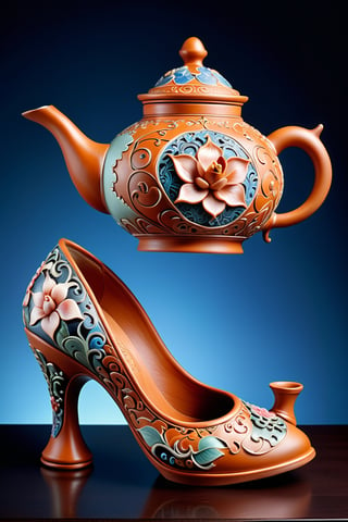 digital art, 8k,  picture of one high heel woman's shoe, made of Yixing clay, with a yixing teapot style intricate pattern, whimsical, side view of shoe beautiful, highly detailed, whimsical, fantasy,,more detail XL