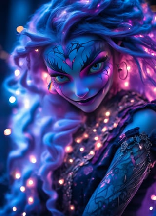 1/3 shot portrait dynamic pose, (sacred night and elf puppet),(ultra-fine HDR), extremely delicate and beautiful girl with translucent opalescent skin, closed mouth, glowing intricate round human detailed eyes, long vivid magenta hair, glowing tattoos on face, 