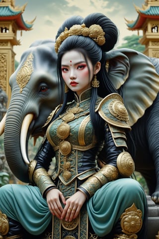 3/4 shot of Lady Triệu, a vietnamese woman warrior. a fusion of elaborate rococo, ancient vietnam, vietnamese gothic punk. she has black hair in elaborate braids and buns. she has round large big copper eyes. she is vietnamese. she wears an elaborate ancient vietnamese female warrior outfit. she sits on an elephant outside a traditional vietnamese palace. perfect female anatomy, goth person, pastel goth, dal, Gaelic Pattern Style, 3/4 shot Triệu Thị Trinh