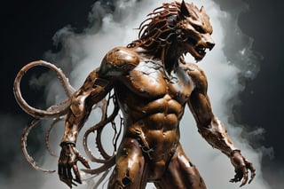 Anthropomorphic alien wolf, bearded, with tentacles, with a scar in his right eye, translucent armor, rusted patina looking fur scales skin, in a battle pose , hide in the dark, with fog and only moonlight in the left side of his body, with wounds and scratches, musculated, Slender, Skinny, full body shot, wide Angle, octane render RTX, render, realistic render, cinematic lighting, muscular body, 