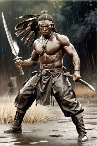 Apache warrior, Action, dynamic, under the rain, fighting_stance, fighting, dynamis angle, dynamic pose, wearing breecloths and leggings with the typical Apache attire, black theme, (((dark skin))), (masterpiece, best quality), serious, huge Apache war club, hyper realistic fine tuned manga illustration, inspiration from Charles Marion Russell, shintaro katsu,  ,stalker