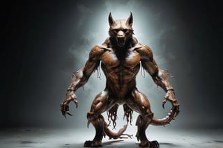 Anthropomorphic alien wolf, bearded, with tentacles, with a scar in his right eye, translucent armor, rusted patina looking fur scales skin, in a battle pose , hide in the dark, with fog and only moonlight in the left side of his body, with wounds and scratches, musculated, Slender, Skinny, full body shot, wide Angle, octane render RTX, render, realistic render, cinematic lighting, muscular body, 