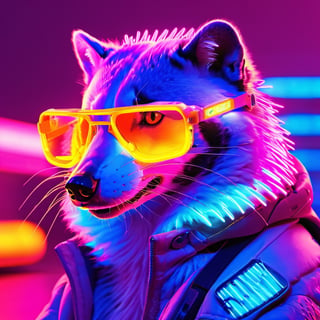 A wildly futuristic and technologically infused depiction of a animorphic Honey Badger in a neon cyberpunk setting. The Badger sports a pair of sleek mirror sunglasses and is adorned with headphones, presenting a mesmerizing juxtaposition of the natural and the artificial. This high-quality image, reminiscent of a digital painting, showcases the vibrant and vivid colors often associated with the cyberpunk genre. The Badger has a mullet and  fur that glows with luminous neon hues, reflecting the electrifying energy of its environment. The attention to detail is exquisite, capturing every strand of fur and reflecting the intricate patterns on the sunglasses. The image has a 80’s vibe with the edginess of a cyberpunk aesthetic, mesmerizing viewers with its artistic brilliance.