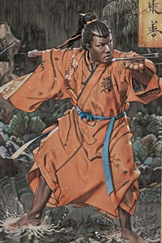 Shaolin Monk, Action, dynamic, under the rain, fighting_stance, fighting, dynamis angle, dynamic pose, wearing a burnt orange traditional robe, black theme, (((dark skin))), (masterpiece, best quality), serious, huge Bo staff, hyper realistic fine tuned manga illustration, inspiration from 座頭市, shintaro katsu,  ,stalker