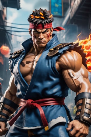 Super detailed live-action Ryu from Street Fighter , strong and exaggerated body, body emitting flames, wearing armor, cyberpunk city, movie environment.