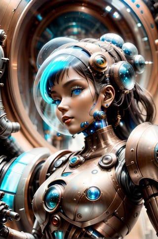 Retro Sci fi fantasy, bronze steampunk robot with large glass dome head with cameras inside,  silver blue form fitting space suit woman with a tiny ray gun