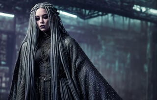 A beautiful sorceress in a unique robe blackest black with undertones of greens, blues, and purples with specks af silver glitter through. The sorceress resembling a Russian woman with very Nordic features with a very long gray blonde braided hair she is striking and mysterious 