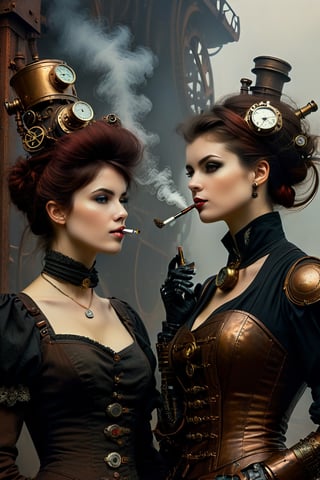 oil painting, painterly, 2girls, side by side, (steampunk girl smoking 1 tobacco pipe:1.5), (clockwork robot girl:1.5), (victorian attire:1.3), short tousled hair, (ironworks:1.3), steam, parted lips, (expressive face), eyes wide open, well drawn hands, moody, Gerald Brom, Vicente Segrelles, Frank Frazetta, fantasy art, intricately detailed, detailed matte painting, moody, dramatic lighting, Movie Still, more detail XL