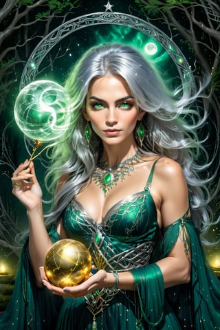 close up of beautiful witch queen looking at viewer, holding a golden magical orb, well drawn hands, glowing eyes, long flowing hairstyle, silver hair, green strappy dress, low cut, pop art, mist, smoky, eerie, floating fairy lights, night forest background, moon, runes, Celtic motifs, Enhanced All