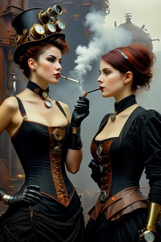 oil painting, painterly, 2girls, side by side, (steampunk girl smoking 1 tobacco pipe:1.5), (clockwork robot girl:1.5), (victorian attire:1.3), short tousled hair, (ironworks:1.3), steam, parted lips, (expressive face), eyes wide open, well drawn hands, moody, Gerald Brom, Vicente Segrelles, Frank Frazetta, fantasy art, intricately detailed, detailed matte painting, moody, dramatic lighting, Movie Still, more detail XL