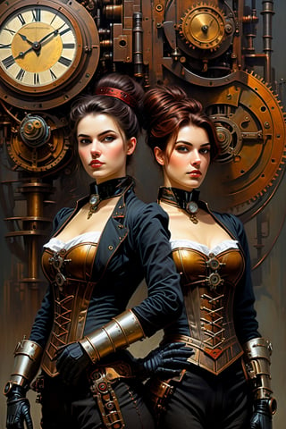 oil painting, painterly, (steampunk girl stands back to back with clockwork robot girl:1.5), (victorian attire:1.3), short tousled hair, (ironworks:1.3), steam, parted lips, (expressive face), eyes wide open, well drawn hands, moody, Gerald Brom, Vicente Segrelles, Frank Frazetta, fantasy art, intricately detailed, detailed matte painting, moody, dramatic lighting, Movie Still, more detail XL