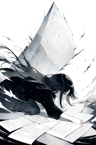 8k, illustration, (((Shinigami))), Japanese afterlife, dark, moody, spooky, eerie, Junji Ito, flat linework, watercolor, poster colors, well drawn face, well drawn eyes, action pose, paper white background, amazing artwork, serendipity art, sharp focus, intricate details, highly detailed, masterpiece, best quality, lineart, linewatercolorsdxl, Flat vector art