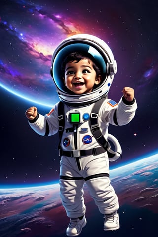 Little Muslim boy dressed as an astronaut cheering with an open helmet, floating in space, high contrast, galaxy background,full body, photorealistic digital painting by a talented artist, bright and saturated color scheme, highly detailed 8K resolution octane render portrait,render portrait ,3d, chibi pixar style
