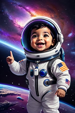 Little Muslim boy dressed as an astronaut cheering with an open helmet, floating in space, high contrast, galaxy background, photorealistic digital painting by a talented artist, bright and saturated color scheme, highly detailed 8K resolution octane render portrait,render portrait ,3d, chibi pixar style
