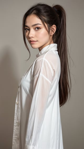 A 25-year-old girl with a ponytail hairstyle and a female doctor's coat over a white shirt, stands confidently in front of a subtle gradient background. Her highly detailed face is lit with perfect lighting, showcasing her very complicated yet flawless features. The dramatic shadow beneath her eyes adds depth to her gaze, as she looks directly at the viewer with a slight smile (0.4). Ray tracing enhances the overall shine on her skin, making it look radiant and flawless.