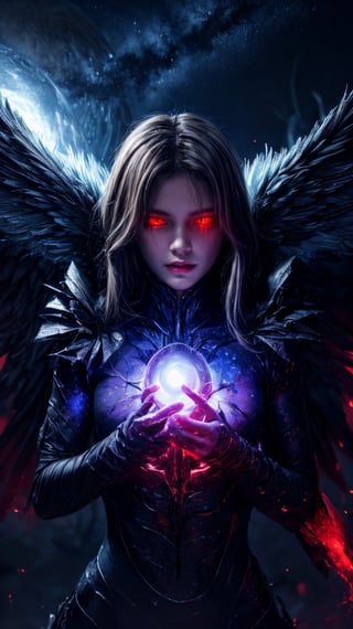 masterpiece, best quality, absurdres, 4k, 8k, uhd create fallen archangel,detailed angel wins, bloodlust, red glowy eyes, eerie, creepy, nightmarish, very bright colors, light particles, wallpaper art, cosmic energy,high detailed ,