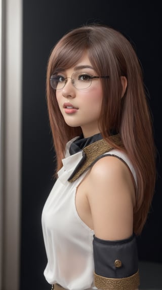 (Best Quality, highly detailed, Masterpiece:1.2), 16k, depth of field, Scenes with high tension, camera movement, anime Characters, dim lighting, Depth of field, details skin Texture, clothes Normal, grey tone, steampunk style, extreme closeup, woman, Scholars, mecha rabbit ears,  glasses, mecha armor on the arm, shoulder armor, Rusty, white blouse, ascot, Jodhpurs, Nobles clothes, giant clock background, Precision clock, Hollow out clock, glass, Clock Tower, Industrial era, smoke spark, dust, glowing effect, (Fantasy aesthetic style), (realistic light and shadow), (real and delicate background),mecha