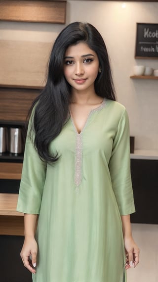 Lovely cute young attractive indian  girl, 35 years old, cute model, long black_hair, black  hair, They are wearing a   green kurta, and she is sit in coffee shop, 