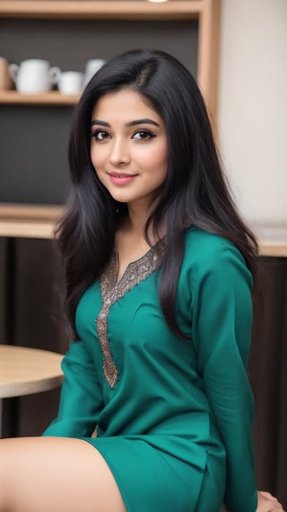 Lovely cute young attractive indian  girl, 35 years old, cute model, long black_hair, black  hair, They are wearing a   green kurta, and she is sit in coffee shop, 