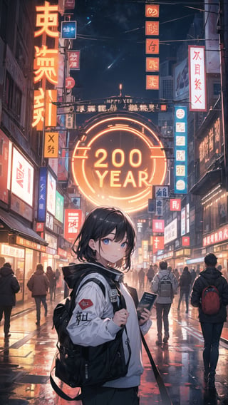 Shanghai Nanjing Road, night, neon street scene, huge signboard, text: "Hi~! 2024 HAPPY NEW YEAR",Masterpiece),  (Surreal),  (Perfectly Detailed) Front view of an astronaut,  a boy,  Soft light shines on the face,  