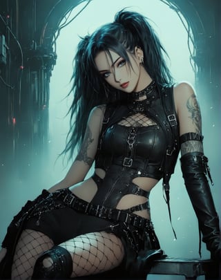 a woman sitting on top of a metal bench, cyberpunk art inspired by Luis Royo, cgsociety contest winner, gothic art, seductive cyberpunk dark fantasy, diesel punk female, fantasy leather clothing,ct-virtual