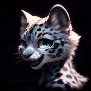 (masterpiece:2), 4K, hi-res, photoreasitic, closeup portrait, three quarters, young beautiful charming sweet slender anthropomorphic female snow leopard, (feminine:2), maw open, happy, smiling, open_mouth, warm colors, beautiful eyes, detailed eyes, eyelashes, light blue eyes, light pink tongue, cute_fangs, detailed tongue, detailed snow_leopard fur, snow_leopard markings, sleek fur, detailed nose, fluffy ears, snep ears, detailed ears, moist shiny black lips, looking at viewer, eye contact, detailed tail, dramatic lighting,1GIRL, ears visible, (black_background:2),Detailedface