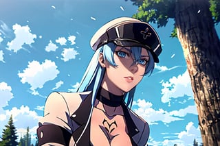 masterpiece, best quality, 1girl, solo, mature female, aldult, blue eyes, blue hair, long hair, hat, peaked cap, cleavage, large breasts, military uniform, military, uniform, choker, chest tattoo, upper body, standing, outdoors, nature, trees, esdeath,witcher