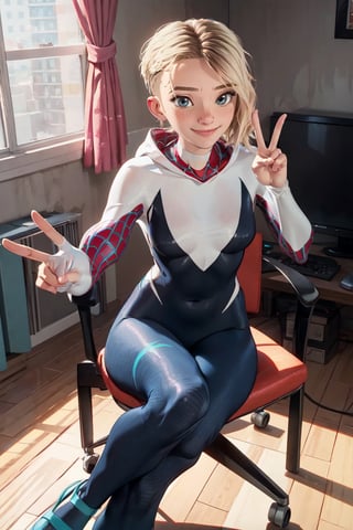 Best quality, masterpiece, gwenstacy, blonde hair, short hair, asymmetrical hair, blue eyes, hooded bodysuit, spider web print, ballet slippers, gaming chair, sitting, indian_style, table, brown gloves, (peace sign:1.3), ((reaching out)), looking at viewer,(close-up), ((breasts out)), (large breasts:0.8), (medium breasts), (smile, happy), depth of field, high key lighting, glistening, gaming pc neon string lights monitors controller posters scenery, indoors, 3d cartoon,add_detail:0.5,