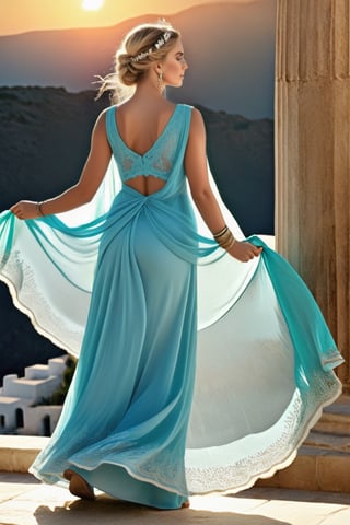 masterpiece, best quality, photorealistic, ultra detailed, fine details, high resolution, 8k wallpaper, professional, high level of detail, (focused sharp piece, (((full figure visible full body greek goddess))), blonde hair, large depth of field, full body photo (beautiful goddess from Greek mythology), fantasy landscape ))), soft colors, ((( lace mesh, exotic dress, intricately celestial, (fitted to her body) , (showing the beauty of her body), crown, bracelets, (beautiful face), (detailed eyes), detailed luscious lips, perfect hands, detailed fingers, defined nails), (real skin texture), (perfect teeth), (in a temple of worship), with incense, smoke, worshiping the sun, bright and realistic sunlight, sun glare, soft and hyper detailed green and blue colors (8k, 4k quality, art teacher), cinematic (best quality) , (realistic skin texture), beautiful goddess face, detailed lips, sharp eyes, perfect body,