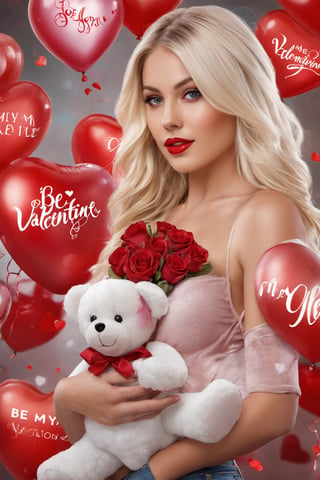 showing a balloon with 3D Text ""be my Valentine"" Beautiful blonde model girl with beautiful body, sensual clothes, perfect skin, carrying a white teddy bear, celebrating Valentine's Day, 3D red hearts, big colored roses dark red and a large luminous glass heart with colorful roses, watercolor, Art Station Trend, sharp focus, studio photography, intricate details, highly detailed.