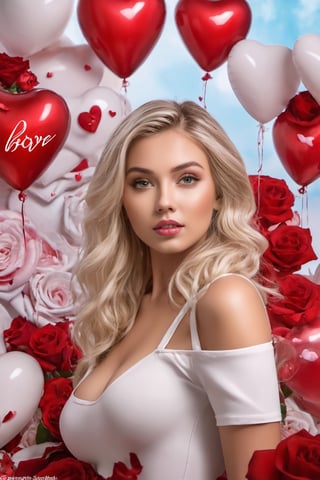 showing a balloon with 3D Text ""be my Valentine"" Beautiful blonde model girl with beautiful body, sensual clothes, perfect skin, carrying a white teddy bear, celebrating Valentine's Day, 3D red hearts, big colored roses dark red and a large luminous glass heart with colorful roses, watercolor, Art Station Trend, sharp focus, studio photography, intricate details, highly detailed.