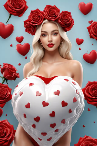 Text ""be my Valentine"" Beautiful blonde model girl with beautiful body, sensual clothes, perfect skin, carrying a white teddy bear, red 3D hearts, large dark red roses and a large luminous glass heart with colorful roses, watercolor, Art Station trend, sharp focus, studio photography, intricate details, highly detailed. HD 3d rendering, poster, typography, illustration, 3d rendering, 3d rendering, poster, typography, illustration, photo