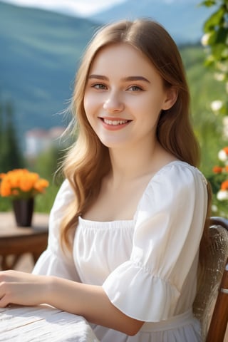 (best quality, 8K, highres, masterpiece), 1 girl 20 yo , sit on chair ,cafe ,white dress ,cafe on garden ,mountain ,realistic ,real life ,perfect ,mole mark ,beautiful ,smile , girl from russia, she has pale skin