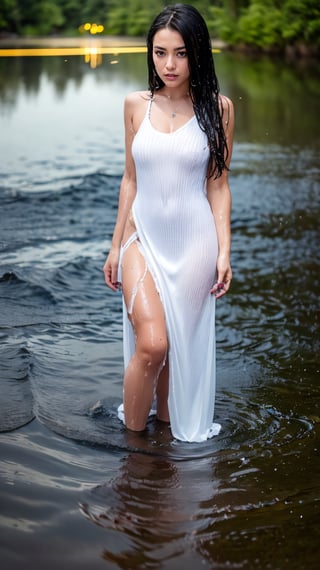 a ultra real full body shot photo 20 years old girl, ((sink on lake)), black eyes, long black hair on covering her body, white dress, on a lake forest and rain fall, ((half body on water:1.3)), goddess, ultra contrast, low light, fireflies, (wet:1.2), sad face. Intricate details of her beautiful eyes and perfect face. The most beautiful girl, night view,