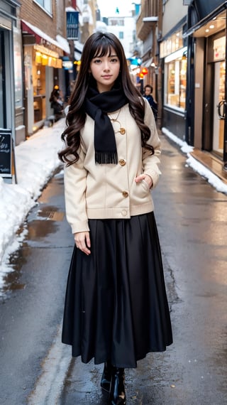 Beautiful and delicate light, (beautiful and delicate eyes), pale skin, big smile, (brown eyes), (black long hair), dreamy, medium chest, woman 1, (front shot), Korean girl, bangs, soft expression, height 170, elegance, bright smile, 8k art photo, realistic concept art, realistic, portrait, necklace, small earrings, handbag, fantasy, jewelry, shyness, skirt, winter parka, scarf, snowy street, footprints,