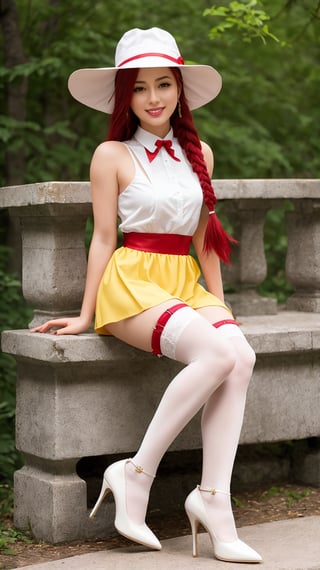 masterpiece, best quality, 1girl, lupusregina, red hair, long hair, twin braids, yellow eyes, (glowing eyes:0.5), dress, hat, maid, white thighhighs, garter belt, high Heels, sitting_on_knees , smile, looking at viewer, fullbody, outdoors, natural lighting, upusregina,lupusregina