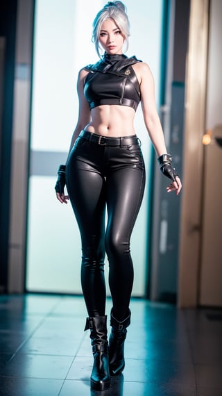 jett \(valorant\), masterpiece, best quality, ultra detailed, Beautiful tall girl, frecles, pale skin, white hair, ponytail, bangs, fingerless gloves, official alternate costume, pants, full body, gloves, disheveled hair, leather boot, slim, (valorant)