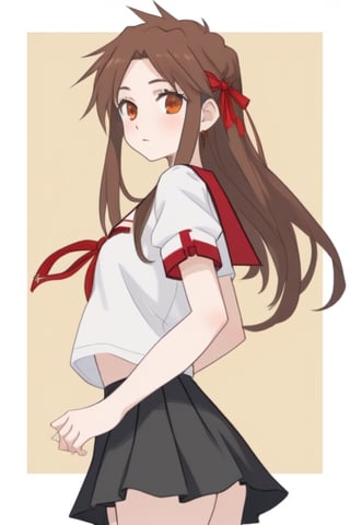 fsrdorothea,long hair,brown hair,HomuraharaFemaleSummer, serafuku, black skirt, red ribbon, puffy short sleeves