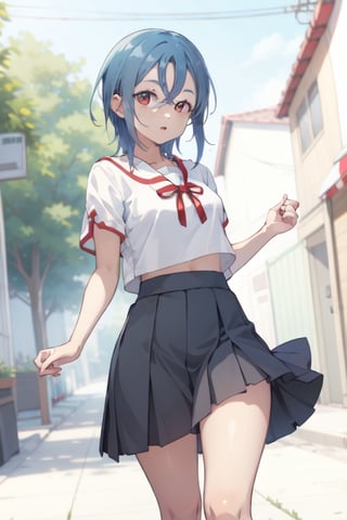 HomuraharaFemaleSummer, serafuku, black skirt, red ribbon, puffy short sleeve,shiki, blue hair,short hair