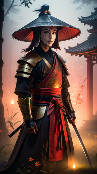 A captivating and enigmatic digital illustration features a shadowy figure, seemingly a warrior or samurai, kneeling amidst a dimly lit, foggy field. The character dons a wide-brimmed straw hat and a mysterious mask, concealing their identity. Their hand grips a magnificent sword with intricate engravings that emit a mesmerizing, fiery red aura. The background reveals a traditional, architectural structure—possibly a temple or shrine—bathed in the soft glow of floating embers or fireflies. The composition by Hans Darias exudes an eerie atmosphere, skillfully blending warm and cool tones to evoke a palpable sense of tension and expectation.,more detail XL