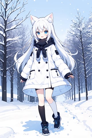 kemonomimi, white_hair, small_breasts, whole body, :), Winter_clothes, long_hair, blue eyes, park, falling_snow, albino_fox, stand