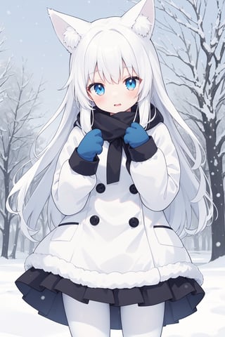 little girl , kemonomimi , white_hair , small_breasts , whole body , :) , Winter_clothes , long_hair , blue eyes , park , angel_ring ,falling_snow , albino_fox , white_tights , mittens