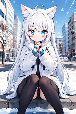 little girl , kemonomimi , white_hair , small_breasts , sitting , whole body , :) , Winter_clothes , long_hair , blue eyes , park , angel ring