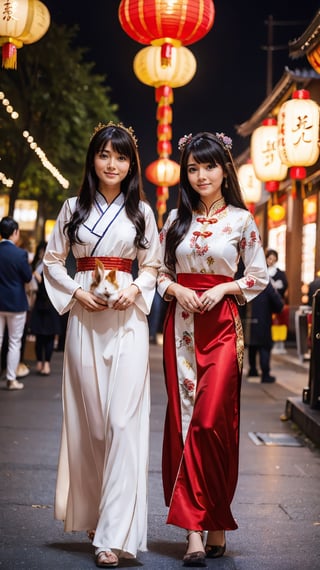 Two beautiful girls, holding a rabbit, white_skin, black-hair, very long hair, Good figure, 
Wear the light color traditional dress of the Han Chinese people, 
Background is Lantern Festival, many lantern,red light.