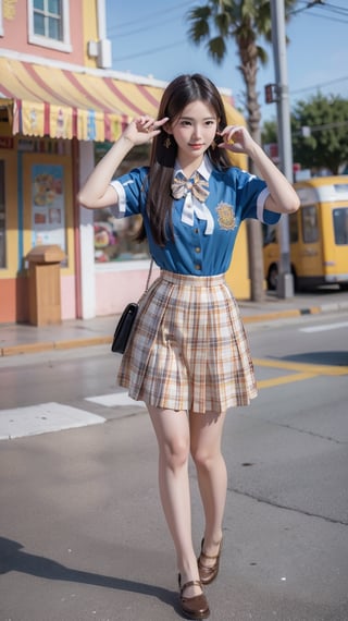 A fashionable young girl taking photos in the sunny weather, wearing school uniform, with a background of Memphis-style photography elements, featuring bright colors and artistic vibes. High-definition photo of a trendy girl in vibrant Memphis-style setting under the sun, full of lively colors and youthful energy,light,Nice legs and hot body,ao dai,More Detail,masterpiece
,school uniform