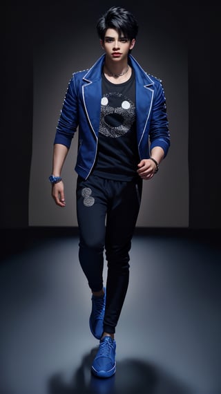 A youthful African American male, aged 20, with a distinctive side-cut hairstyle and a stylish ensemble. He dons a sleek blue jacket adorned with subtle white stitching, paired with a black graphic t-shirt featuring a prominent white circle design. His attire is completed by black joggers and bold blue sneakers. As he strides confidently through the scene, his features are captured in crisp high-resolution detail, reminiscent of Disney Pixar's signature style. The lighting is warm and inviting, casting a gentle glow on his relaxed yet purposeful walk.