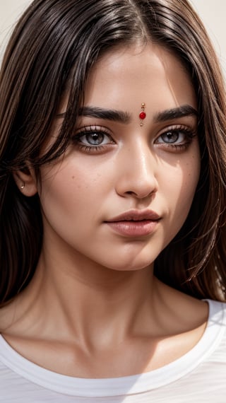 raytracing, absurdres, ultra detailed, 8k raw,
1girl,eyes,nose,lips, close up
t-shirt,white background,Indian,Woman,Indian tradition