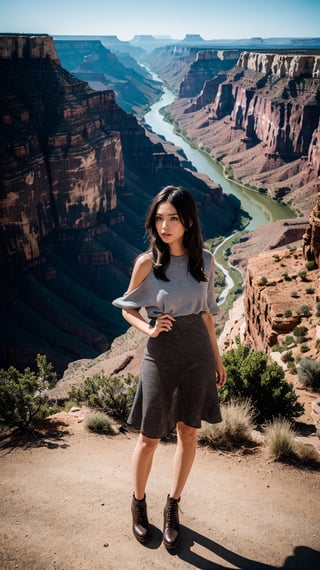 a charismatic woman,Bleached spikes,Grey,full body shot,majestic Grand Canyon offers breathtaking vistas at every turn,style by Brandon Woelfel,professional studio quality hyperdetailed masterpiece,Cinestill 50,Ethereal Lighting